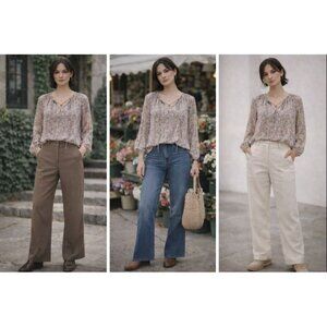 Cabi Blouse XS – Boho Floral Tie Neck, Light Academia, Clean Girl Fall